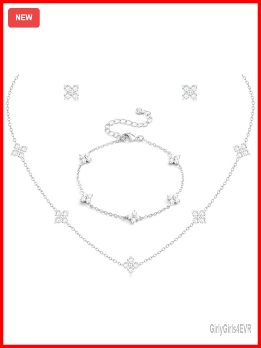 14K Gold Plated Stainless Steel CZ Flower Pendant Necklace, Stud Earrings, Link